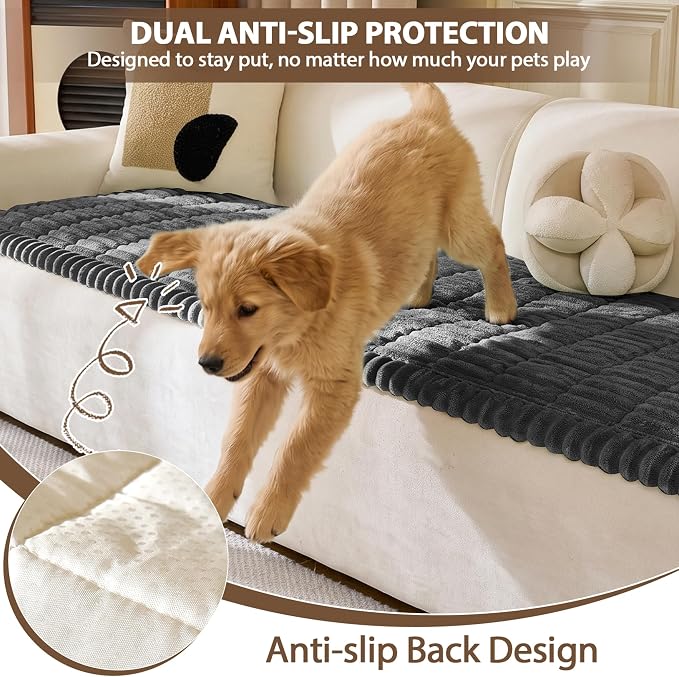 FUANGUI 2 Pack Waterproof Couch Cover for Dogs Pets Sofa Protector | Non-Slip Washable Fuzzy Soft Sofa Slipcover for 2 PCS L Shaped Sofa Pet Friendly, 27.6" x 70.9"+27.6" x 82.7", Dark Grey