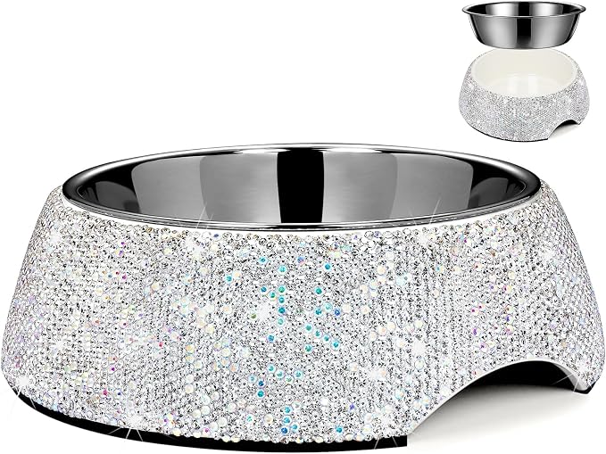 SlowVibes Bling Stainless Steel Dog Cat Bowl, Detachable, 7 oz | Rhinestone metal food or water bowl for small dogs and cats, rust-resistant non-slip puppy dish, sparkle pet essential