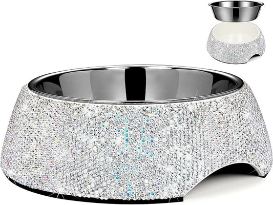 SlowVibes Bling Stainless Steel Dog Cat Bowl, Detachable, 7 oz | Rhinestone metal food or water bowl for small dogs and cats, rust-resistant non-slip puppy dish, sparkle pet essential