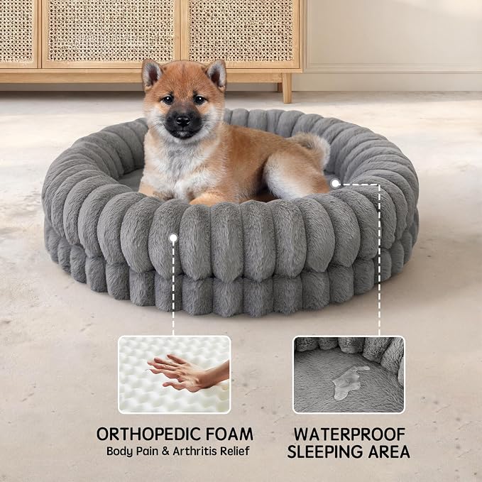 BALANCE Luxury Donut Dog Bed, 30 Inches Round Dog Bed Medium Size Dogs Washable, Orthopedic Calming Dogs Bed for Pets with Anti-Slip Bottom, Gray