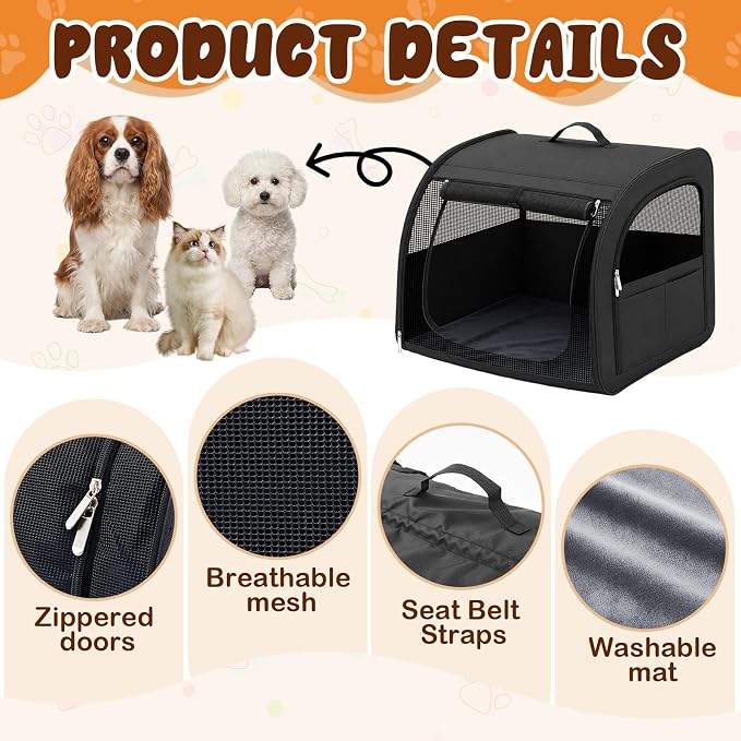 Dog Car Crate, Enclosed Foldable Cat Car Seat Carrier, 23.62x20x20in, Black | Portable Dog Cat Carrier with Seatbelt Attachment & Headrest Strap, Soft-sided Pet Kennel with Bed for Pet Travel up to 25 lb