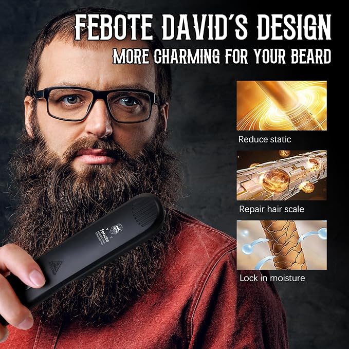 Innovation Beard&Hair Straightener for Men w/Natural Boar Bristle Brush, Pear Wood Comb, Mustache Scissors and Travel Bag, Professional Beard Care Set for Him, Men's Fashion and Grooming Gifts
