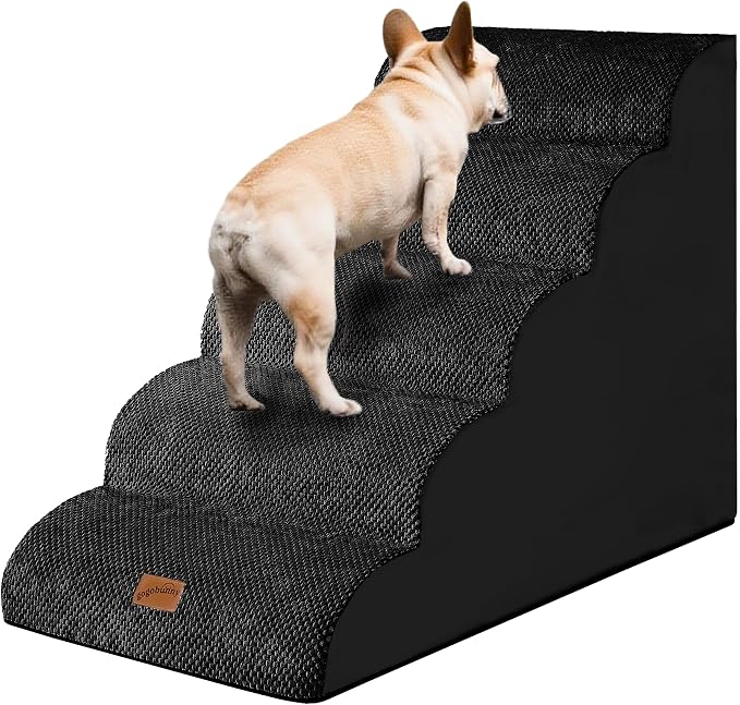 GoGoBunny Ramp Dog Stairs for High Beds 24.4" H, 5-Step Extra Wide Dog Slope Stairs with Durable Waterproof Fabric Cover, Pet Steps for Old Large Dogs Climbing, Non-Slip Sturdy Indoor Step, Black