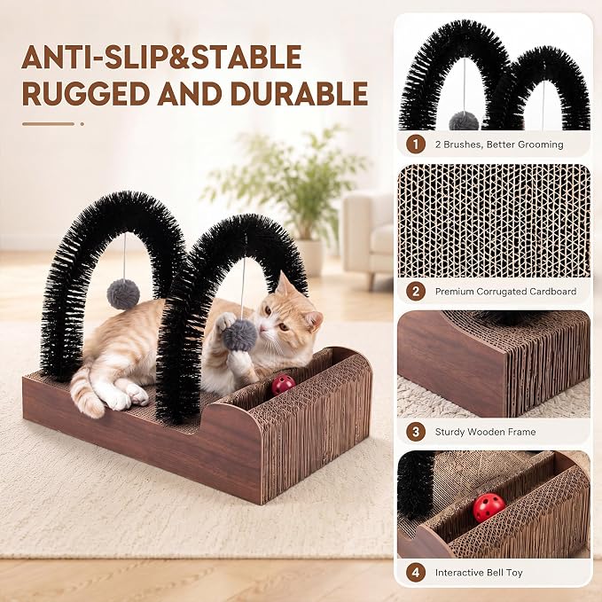 Sadnyy Cat Self Groomer with 2 Arch Grooming Brushes and Scratcher Pad, for Cat Back and Face Scratcher Massager with 2 Plush Balls, Pet Rubbing Post for Indoor Outdoor Kitten Small Dog