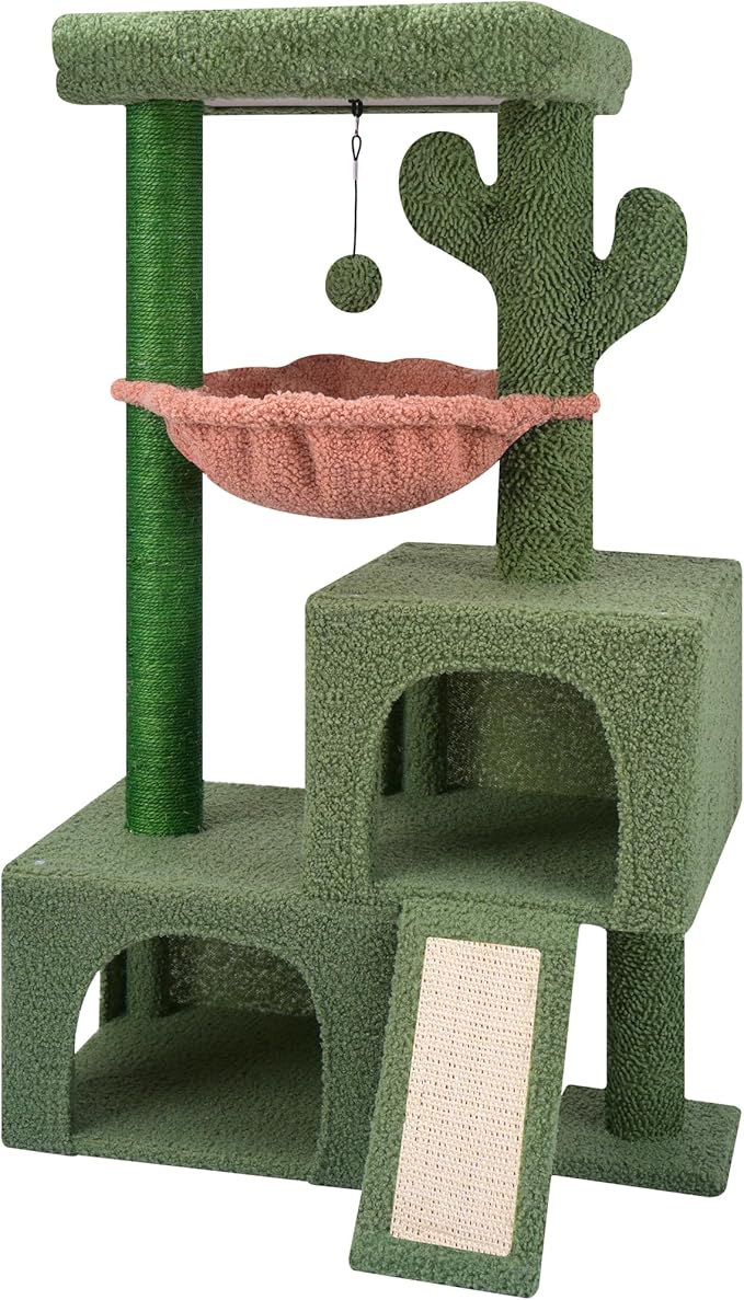 AIWIKIDE 37.4" Cactus Cat Tree Tower with Twin Cat Condos for Indoor Cats, All-in-One Activity Center with Cat Scratching Post Cozy Sleeping Perch Hammock and Toy Balls,Green …