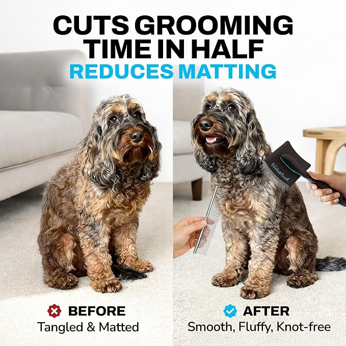 The Doodle Brush Dog Grooming Kit Slicker Brush, Dog Comb Set, Detangler | Extra Long Pins Brushes, Removes Mats, Curly Coats, Stainless Steel Combs, Ergonomic Handle, Gentle Care, Dematting Tools