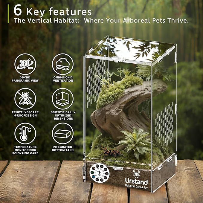 Jumping Spider Enclosure, Front-Opening Acrylic Spider Terrarium with Magnetic Door,Laser-Cut Biomimetic Ventilation System, Escape-Proof for Feeder Insects (6.5"x6.5"x12")