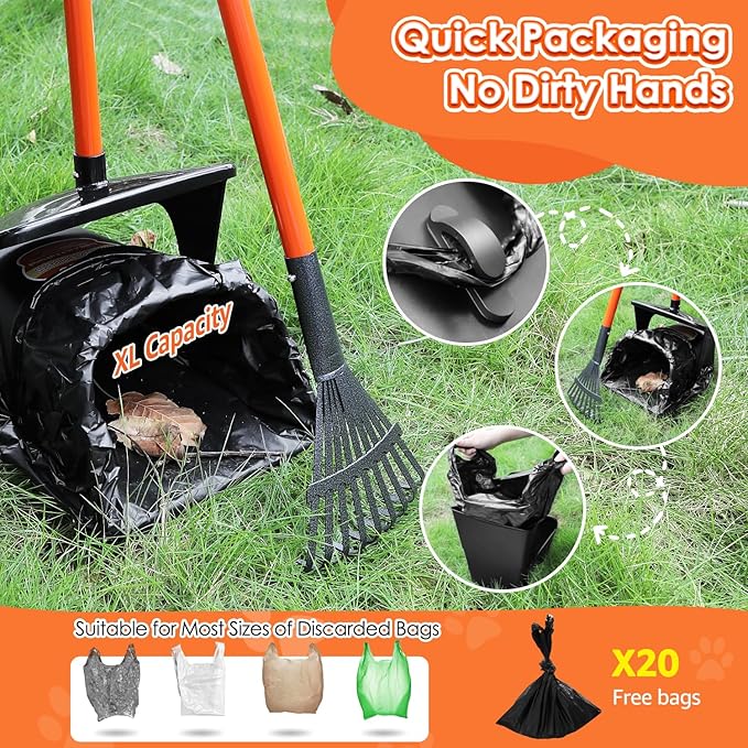 SlowTon Dog Pooper Scooper - 37.4" Long Metal Handle Adjustable Rake & Spade & Swivel Bin with 20 Waste Bags, Portable Pooper Scooper for Gravel Lawn Grass, Suit for Small Medium Large Dog
