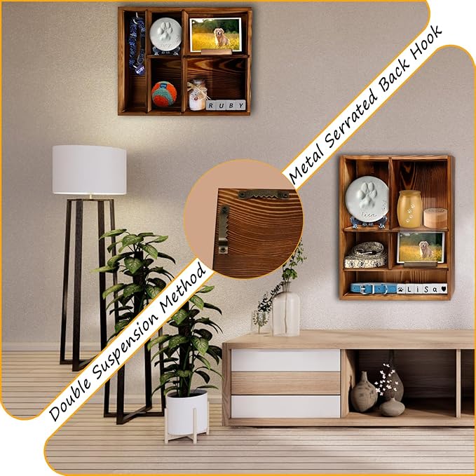 Solid Wood 11*14" Pet Memorial Shadow Box with Adjustable Shelves | Pet Memory Box Display Case for Dogs or Cats Frame Urn Ashes Nose Paw Print Keepsake for Pet Sympathy Gift- Charred Black