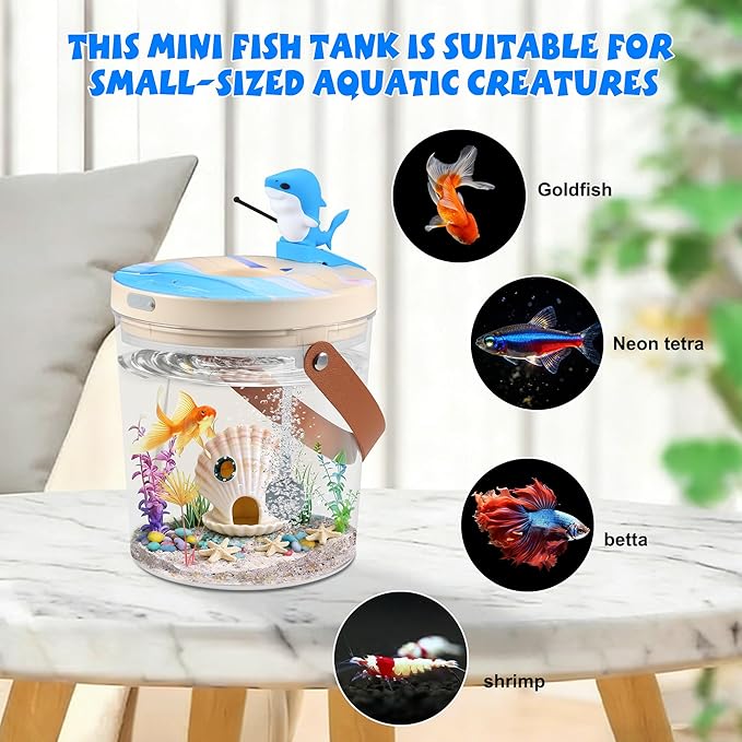Portable Mini Fish Tank, Rechargeable,with Air Pump Oxygenation, and Multi-Color Automatic Switching LED Lights. 0.3 Gallon Plastic Aquarium for Travel