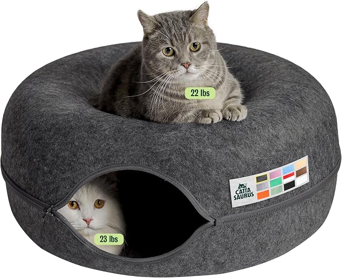 Peekaboo Cat Cave for Multiple & Large Cats Up to 30-45 Lbs, Scratch Detachable & Washable Tunnel Bed, Comfy Donut Cat Cave (Dark Gray, Large)