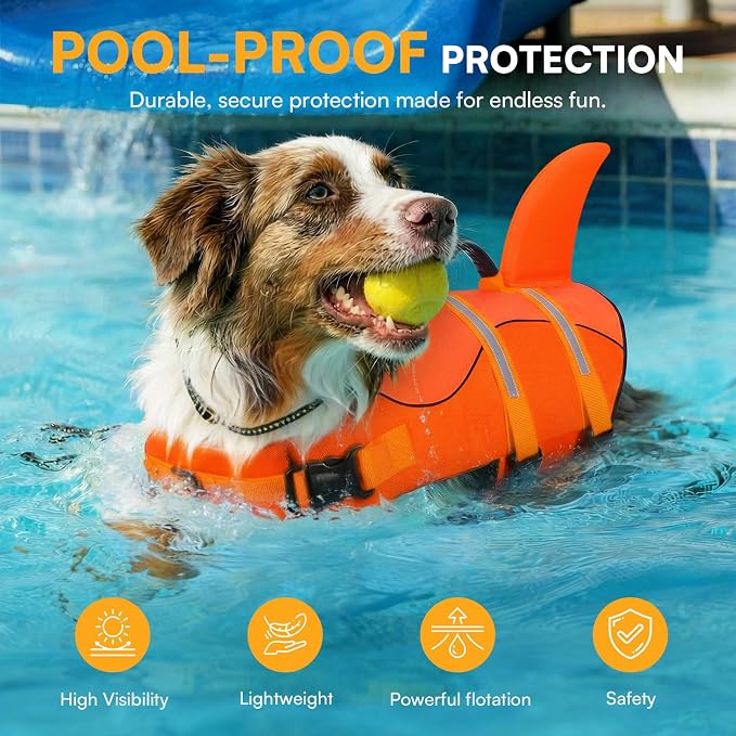 Dog Life Jacket, Dog Life Vest for Swimming, Puppy Shark Swimming Vest with Rescue Handle, Reflective Adjustable Pet Lifesaver Preserver for Small Dogs, Orange S