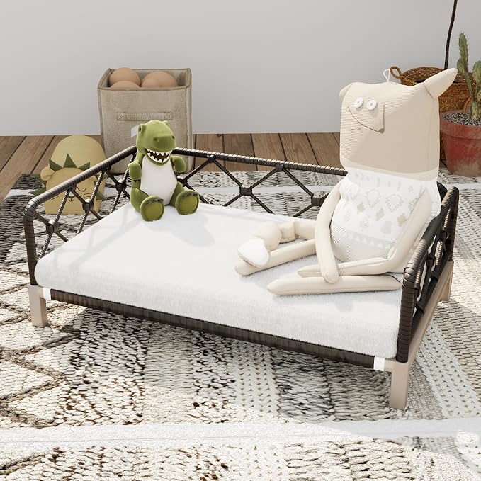 Dog Couch, 2-in-1 Dog Sofa Bed with Woven Rattan Black Wicker Frame, Indoor/Outdoor Durable Pet Sofa with Removable Plush White Cushion for Kitty, Puppy, Small Animal