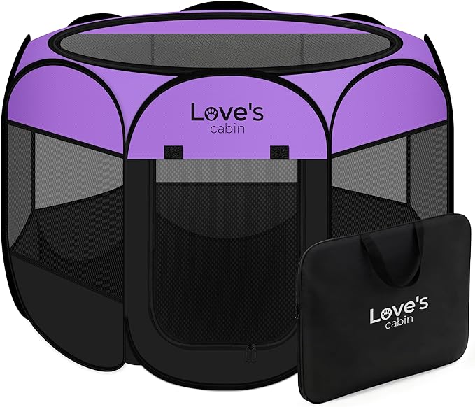 Love's cabin Pet Puppy Dog Playpen, Large Dog Tent Crates Cage Indoor/Outdoor, Portable Playpen for Cat, Foldable Pop Up Dog Kennel Playpen with Carring Case, Removable Zipper Top, Purple