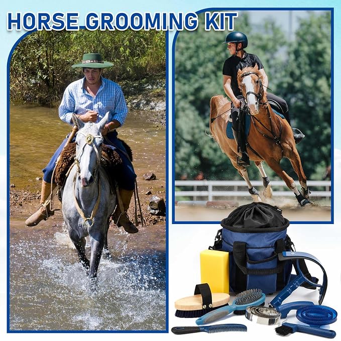 Cunhill 9 Pcs Horse Grooming Kit Tack Room Supplies Set with Tote Bag, Oval Massage Curry, Hard and Soft Brush, Hoof Pick, Sweat Scraper, Bathing Sponge, Comb for Horse Rider(Classic,Dark Blue)