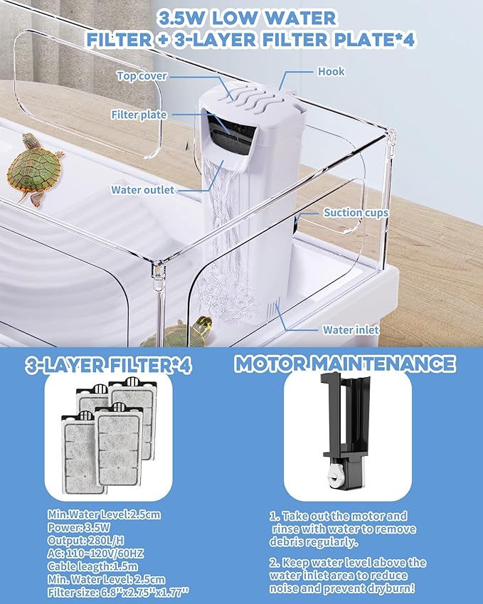 MoonOrange Small Turtle Tank Kit(Tank+Light+Filter), Acrylic Turtle Tank Starter Kit with Bask Platform, Bottom Drain, Multi-Function Area for Small Reptiles.(White)