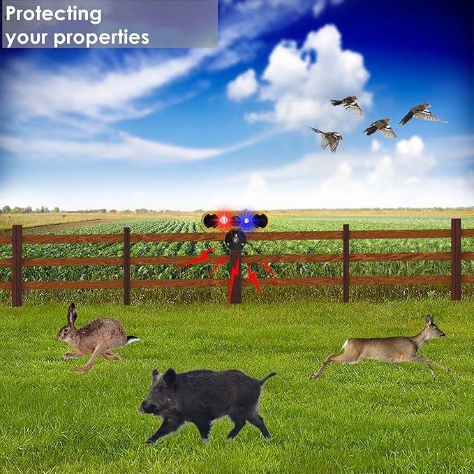 HULPPRE Solar Outdoor Motion Sensor Alarm-13 Sounds Including Dog Barking&Gunshot,2 * 130db Loud Noise Maker,4 Modes,Red&Blue Motion Activated Strobe Light,Say Goodbye to The Intruders