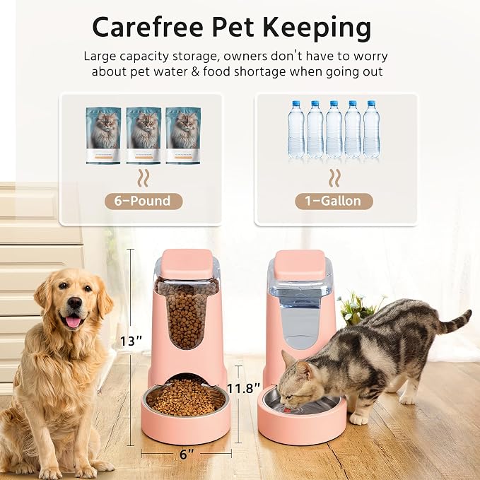 WyfKyd Auto Cat Feeder and Dog Water Dispenser with Stainless Steel Bowl | 2 Pack Auto Cat Feeder and Dog Waterer Gravity Stainless Steel Water Dispenser Set for Medium Puppy Kitten Pets 1Gal Pink