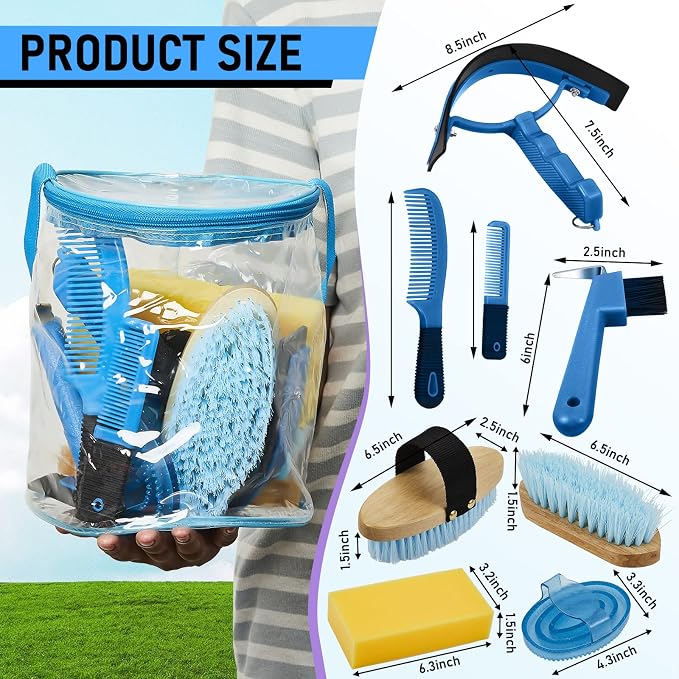 Cunhill 9 Pcs Horse Grooming Kit with Bag Curry Brushes,Cute,Blue | Complete Grooming Set for Horses, Hard Soft Brushes, Hoof Pick, Sweat Scraper, Sponge, Comb, Portable Tote for Stable