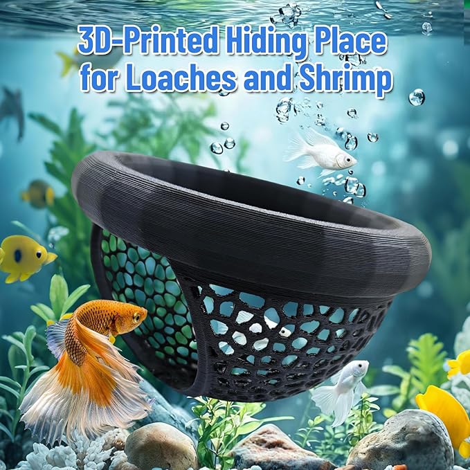 Floating Betta Hide Shrimp Cave, Multi Functional Betta Fish Hammock and Feeding Rings, Provide Safe Resting Places for Bettas, Shrimp and Small Fish, PLA Material (Black)