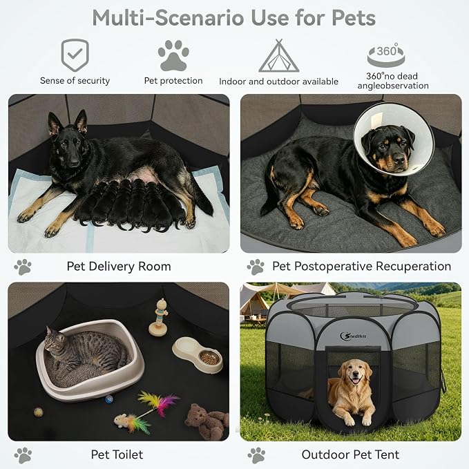 Siedihit Playpen for Extra Large Dog Cat, Dogs Tent Crate Cage | Indoor/Outdoor, Portable Pop Up Dog Kennel with Carrying Bag for Rabbits (Dark Grey, Extra Large)