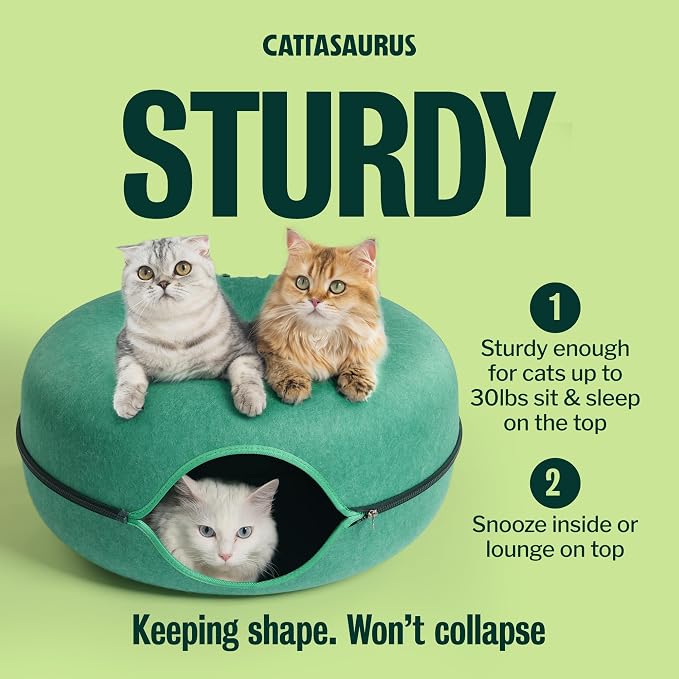 Peekaboo Cat Cave Donut for Multiple & Large Cats up to 30-45 lbs, 3-in-1 Self Warming Cat Bed, Tunnel & Scratcher for Indoor Cats, Washable & Detachable Dog Bed (Forest Green, Large)