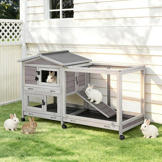 Gutinneen Large Indoor Rabbit Hutch Bunny Cage with Chew-Proof Ramp, Locking Leak-Proof Trays - Outdoor 62" Wooden Rabbit Cage with 6 Wheels for Rabbits, Guinea Pigs, Small Animals (Grey)