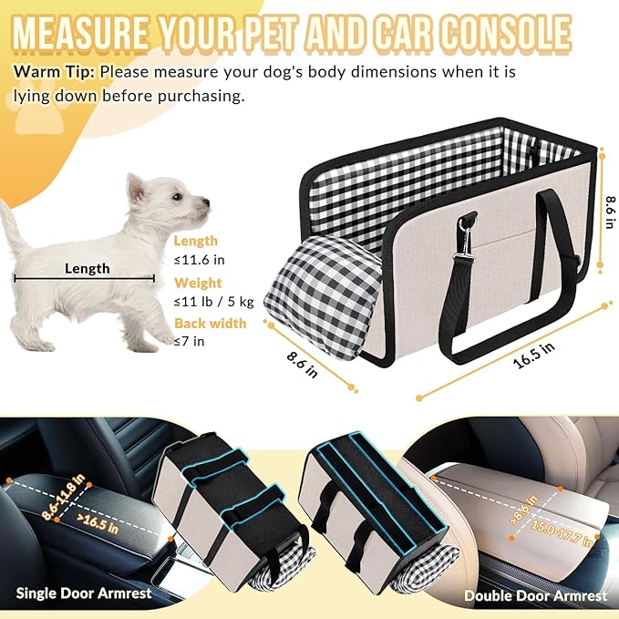 SlowTon Console Dog Car Seat, Dog Booster Seat for Small Dogs Under 11lbs | Portable, Safety Features for Anti-Collapse, Hard Bootm for Excellent Support, with Washable Cushion Built in Seat Belt