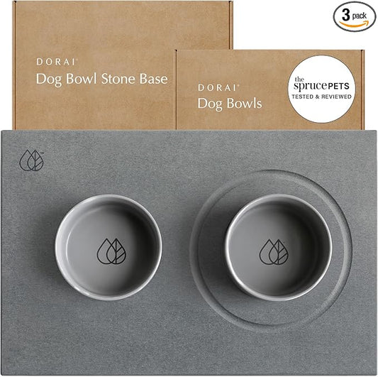 Dorai Home Ceramic Dog Bowls + Stone Drying Mat - Dog Food and Water Bowl Set with Non-Slip Base that Absorbs Spills and Drips - Made with Diatomaceous Earth for Quick Drying - 23.6" x 15.4" - Slate