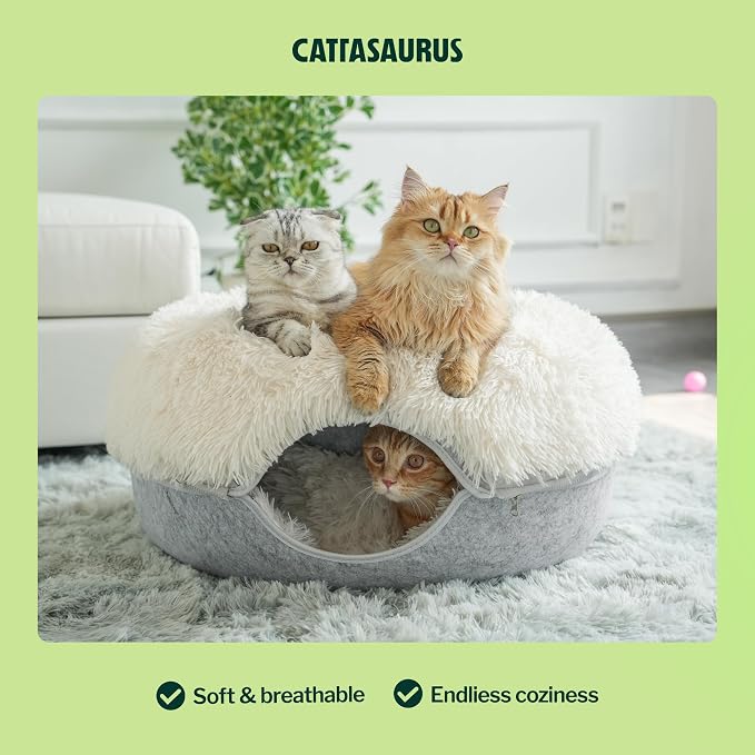 Peekaboo Cat Cave for Multiple & Large Cats Up to 30-45 Lbs, Fluffy Cat Beds for Indoor Cats, Scratch Detachable & Washable Tunnel Bed, Comfy Donut Cave (Light Gray, Large (Calming))