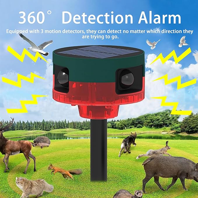 Solar Outdoor Motion Sensor Alarm - Dog Barking&Gunshot Sound, 13 Kinds of Sound Strobe Light, 130db Loud Noise Maker, Support Recording, Keep Unwanted Explorers at Bay (1 Pack)