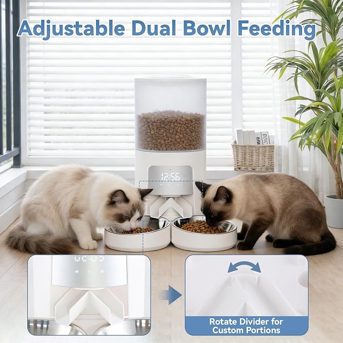DUMOS 6L Automatic Cat Feeder for 2 Cats, Timed Pet Food Dispenser, Ivory | 2 Stainless Bowls, 10s Voice Call, Dual Power Supply, 6 Meals Per Day, 50 Portions Per Meal, Dual Pet Feeder for Cat and Dog