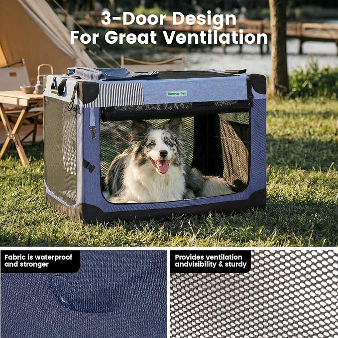 Gardner Pet Soft Collapsible Dog Crate - 36 Inch Portable Travel Dog Crate for Medium/Large Dogs Indoor & Outdoor, 3-Door Pet Crate with Durable Mesh Windows & Storage Bag, Blue