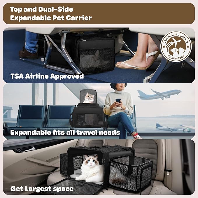 Top and 2 Sides Expandable Cat Carrier 18x13.5x9.5, TSA Airline Approved Dog Carriers for Small Dogs, Soft-Sided Pet Carrier with Self-Locking Zippers for Kitten,Rabbit, Puppy, Guinea Pig Black