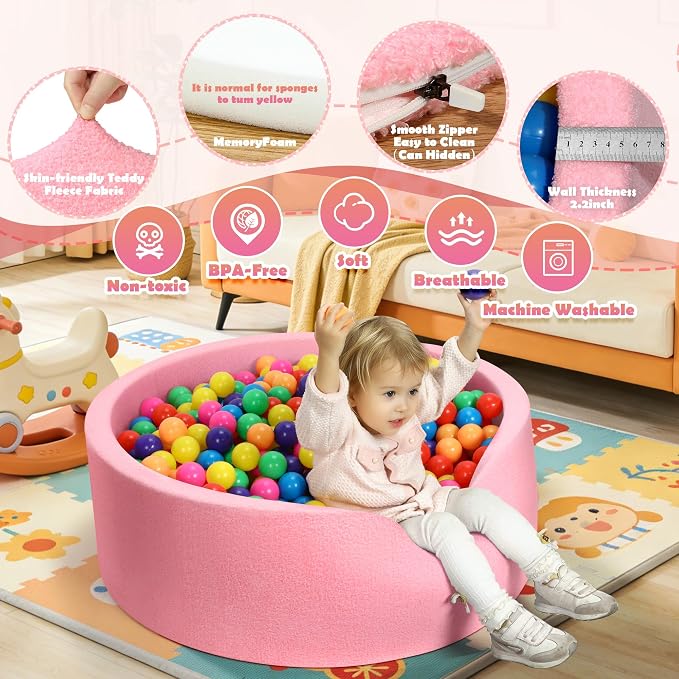 Imitation Teddy Foam Ball Pits 35.4"x 11.8" Soft Round Playpen for Toddlers and Pets with Soft Memory Sponge for Babies Indoor and Outdoor Game Pink (Balls not Included)