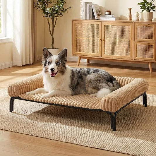 Elevated Dog Bed with Removable Fluffy Pillow Cushion, Raised Pet Cot Washable Bolster, Dog Couch Sofa, Anti Slip Feet, Breathable Mesh, Khaki, 49"×36"