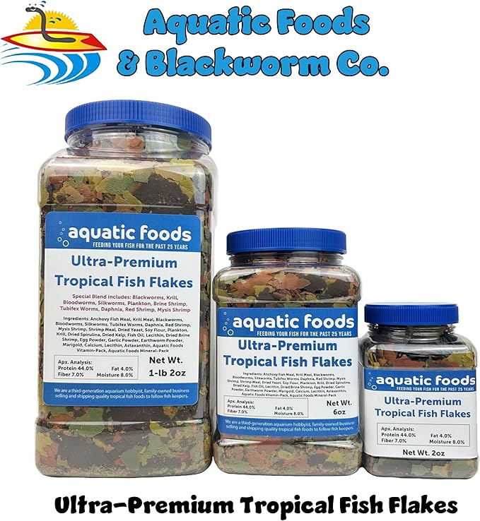 Aquatic Foods Inc. Ultra Premium Tropical 8-Type Flake Mix for Discus, Cichlids, Tetras, Guppies, Live Bearers, Bettas, for All Community Tropical Fish…AF 1-lb 2oz Jar