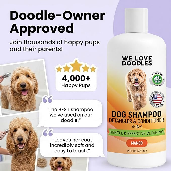 Dog Shampoo, Conditioner & Detangler - Best Shampoo for Goldendoodles, Poodles & Doodles Pet Hair - Hypoallergenic, Tearless, Sensitive Skin for Puppies & All Dog Breeds - Made in USA, 16OZ (Mango)