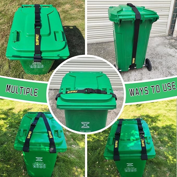 Verrous de poubelle avec boucle autobloquante – Sangles de couvercle robustes réglables anti-ours pour poubelles de 106 à 363 litres, verrou de poubelle anti-animaux pour ratons laveurs, écureuils, animaux sauvages (2)