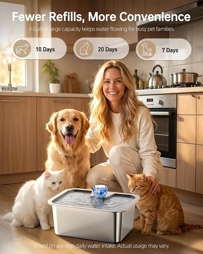 3 Gallon Large Dog Water Fountain, Stainless Steel Pet Water Fountain for Large Dogs, Automatic Big Dog Water Bowl Dispenser Drinking with 4 Filters, Easy to Clean, Quiet Pump