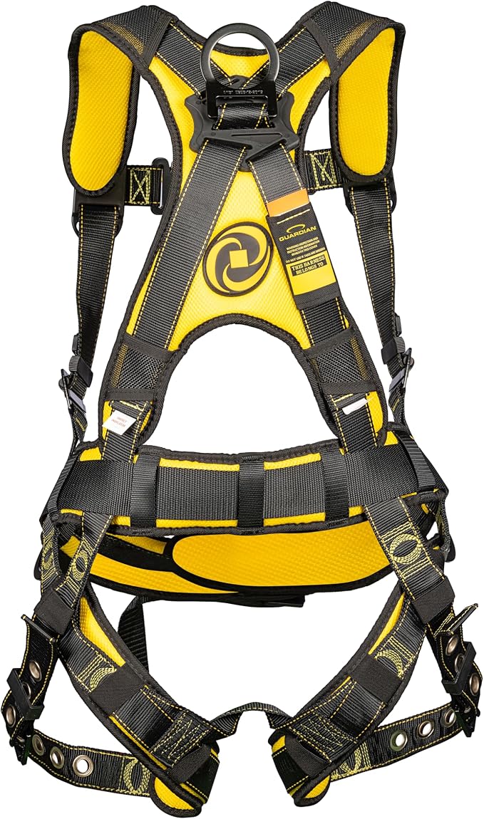 Guardian 21032 Cyclone Construction Harness with Waist Pad | Side D-Rings | OSHA & ANSI Compliant | Black/Yellow | XXL