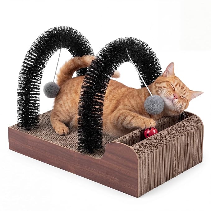 Sadnyy Cat Self Groomer with 2 Arch Grooming Brushes and Scratcher Pad, for Cat Back and Face Scratcher Massager with 2 Plush Balls, Pet Rubbing Post for Indoor Outdoor Kitten Small Dog
