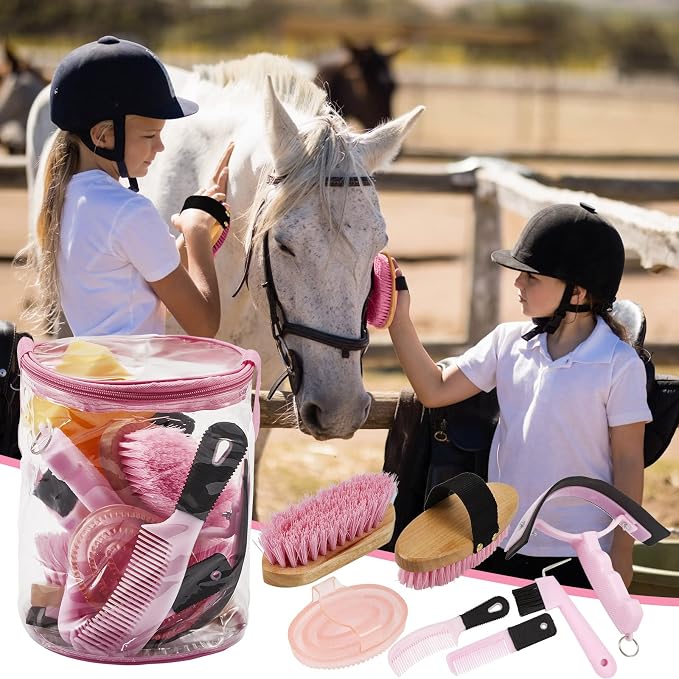 Cunhill 9 Pcs Horse Grooming Kit Tack Room Supplies Set with Tote Bag, Oval Massage Curry, Hard and Soft Brush, Hoof Pick, Sweat Scraper, Bathing Sponge, Comb for Horse Rider(Cute,Pink)