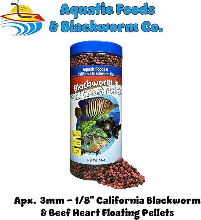 Aquatic Foods Inc. 3mm -1/18" California Blackworm & Beef Heart Floating Pellets for Marines, Cichlids, Tropical Fish, Koi & Pond Fish, 4-Type Wafer & 12-Type Pellet Mix Included 14oz Canister