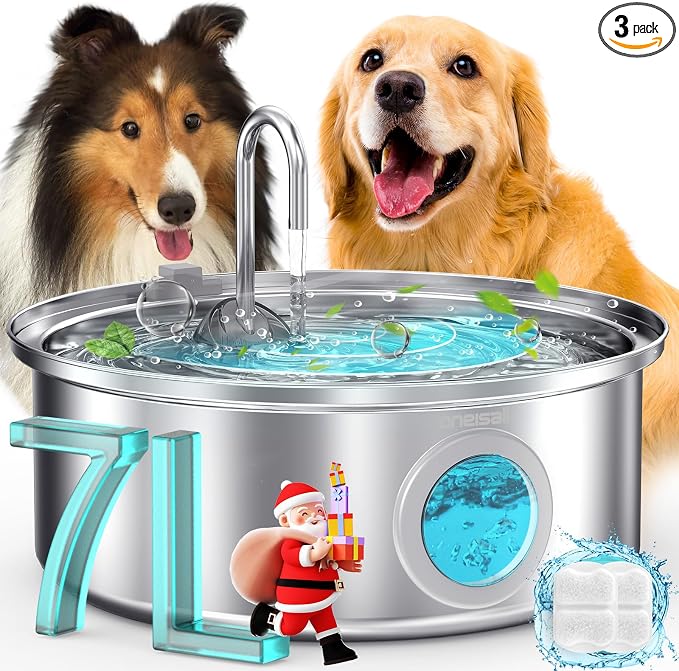 oneisall 7L/230oz Dog Water Fountain for Multi-pet Household,PWF002 | 25db Quiet Design,304 Stainless Steel,Contain 3 Set Filters,Visual Water,5-Layer Filtration,Fit for Living Room Kitchen