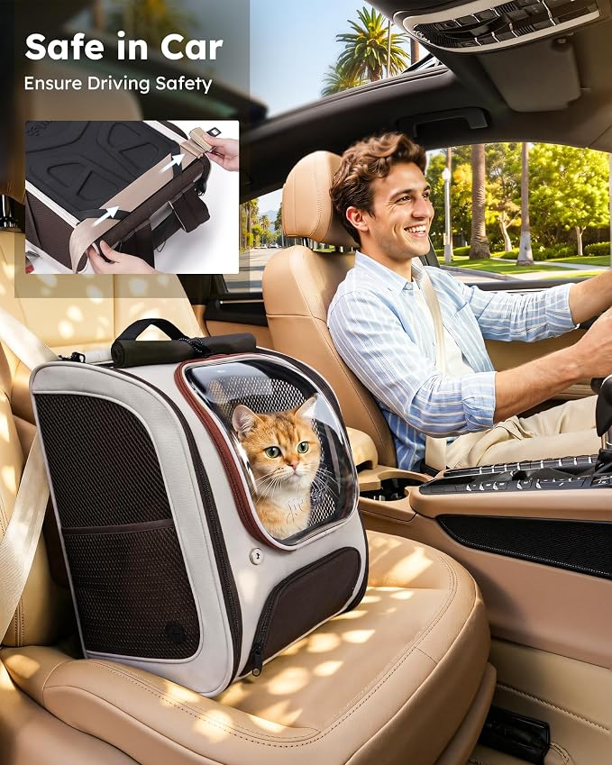 Pecute Dog Backpack Carrier,Large Space Dog Bubble Backpack,Ergonomic,Khaki | Upgraded Transparent Window Offers Greater Transparency,More Wear-Resistant,Sunshade curtain,Folding bowl,Ventilated