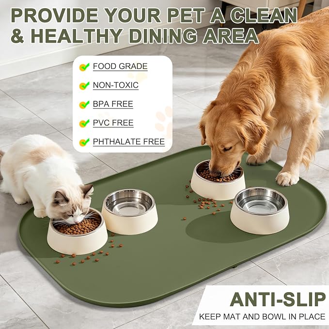 SMILOOL Waterproof Silicone Pet Food Mat with Raised Edge for Dog & Cat | 36" x 24" Non-Slip Large Pet Feeding Mats with Lip for Food & Water Bowl, Food Grade, Easy Cleaning, Light Olive Green