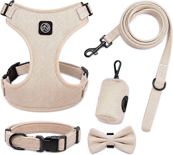 EVERKING 5-Piece Dog Travel Set, Adjustable Harness, Leash, Collar, Poop Bags, Bowtie for Small Medium Dogs, Beige, Breathable No-Pull Design (Beige, S)