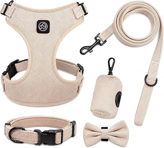 EVERKING 5-Piece Dog Travel Set, Adjustable Harness, Leash, Collar, Poop Bags, Bowtie for Small Medium Dogs, Beige, Breathable No-Pull Design (Beige, M)