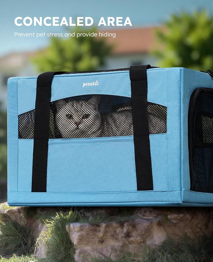 Pecute Cat Carrier Stable, Pet Carrier with Privacy Partition,Light Blue | Safe For Car Travel, Stable Steel Frame, Soft-Sided Pet Carrier Bag For Dogs And Cats Up To 11lbs, Foldable Design.